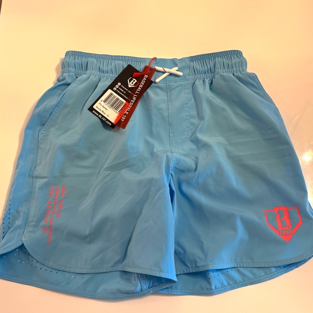 Light Blue Athletic Shorts with Pink Logo
